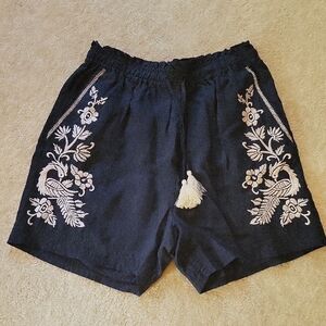 JOHNNY WAS Black Embroidered Tassel Waist Shorts Size S